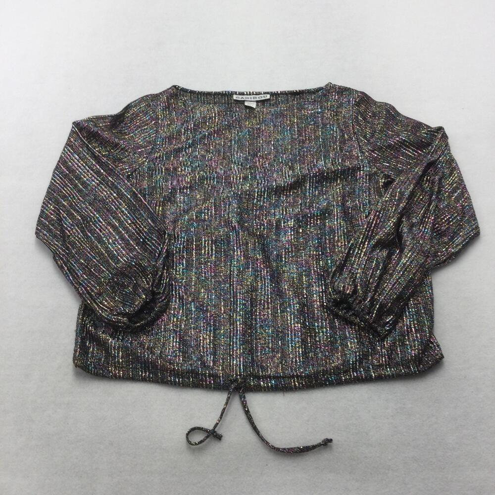 Caribou Blouse Womens 12 Multicolor Metallic Stripe Cropped Balloon Sleeve Party